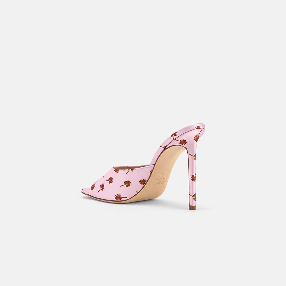 Back view of DUHA Waha Mule candy pink satin showing 10.5cm stiletto heel