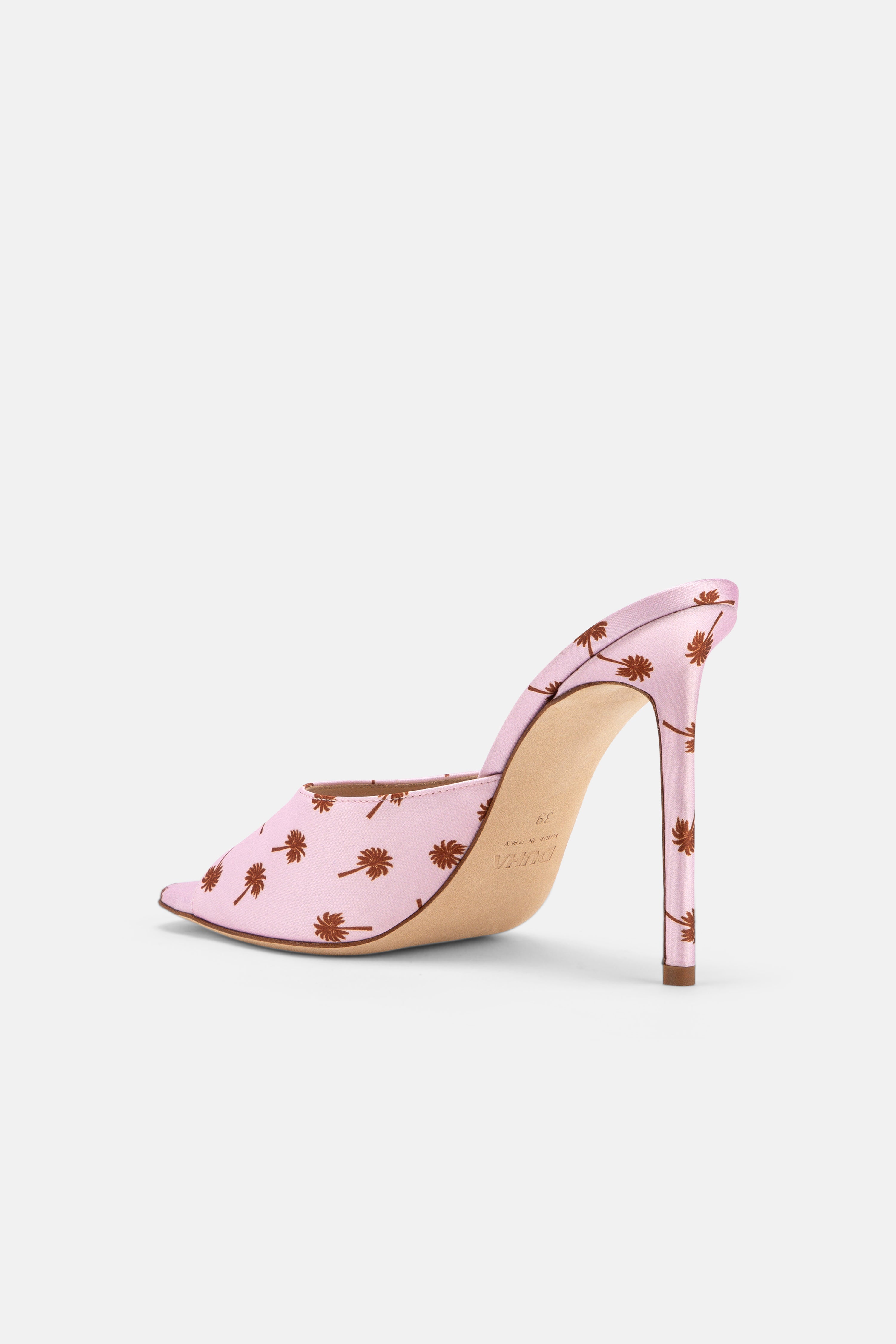 Back view of DUHA Waha Mule candy pink satin showing 10.5cm stiletto heel