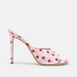 Side view of DUHA Waha Mule candy pink satin palm tree print stiletto mule