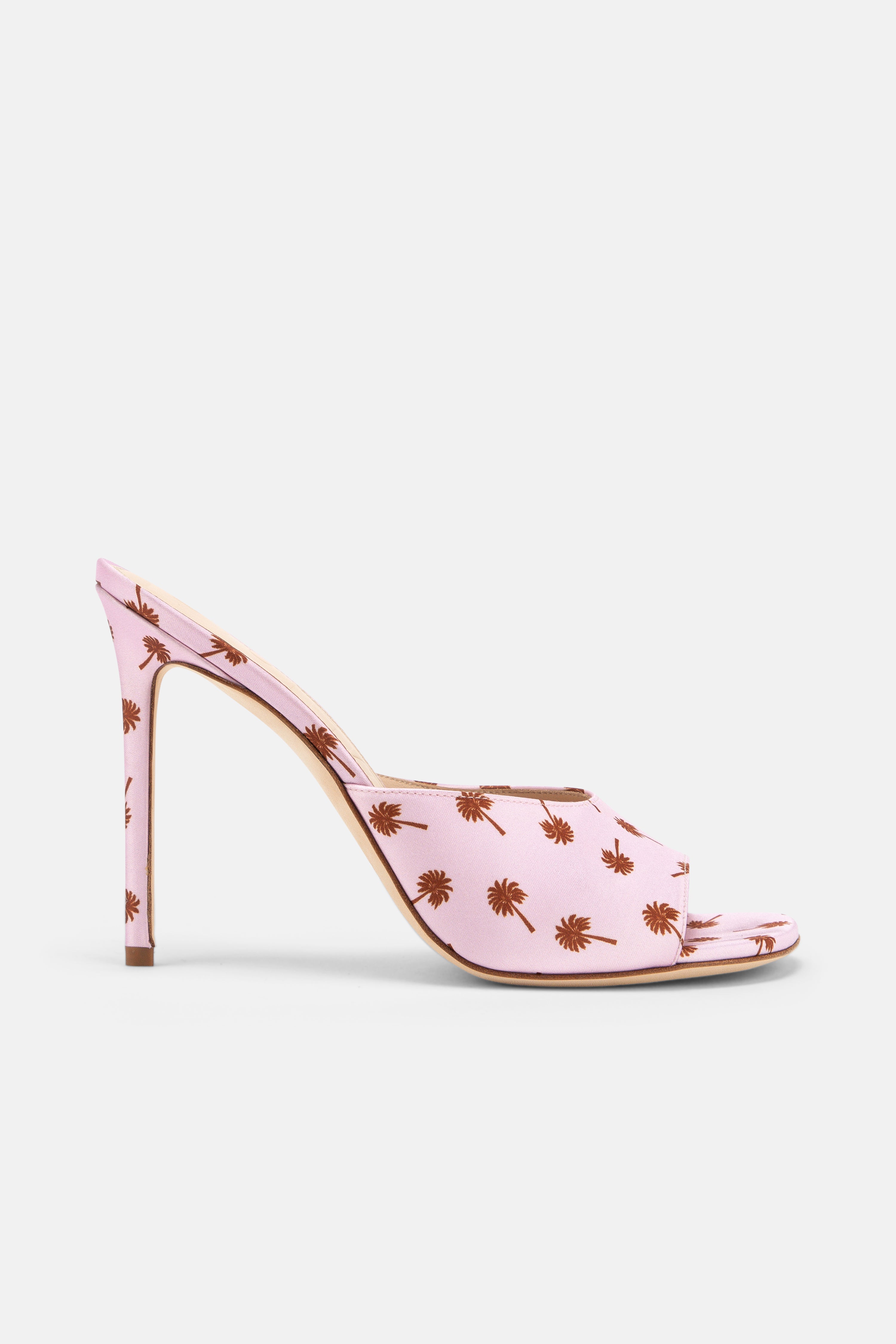 Side view of DUHA Waha Mule candy pink satin palm tree print stiletto mule