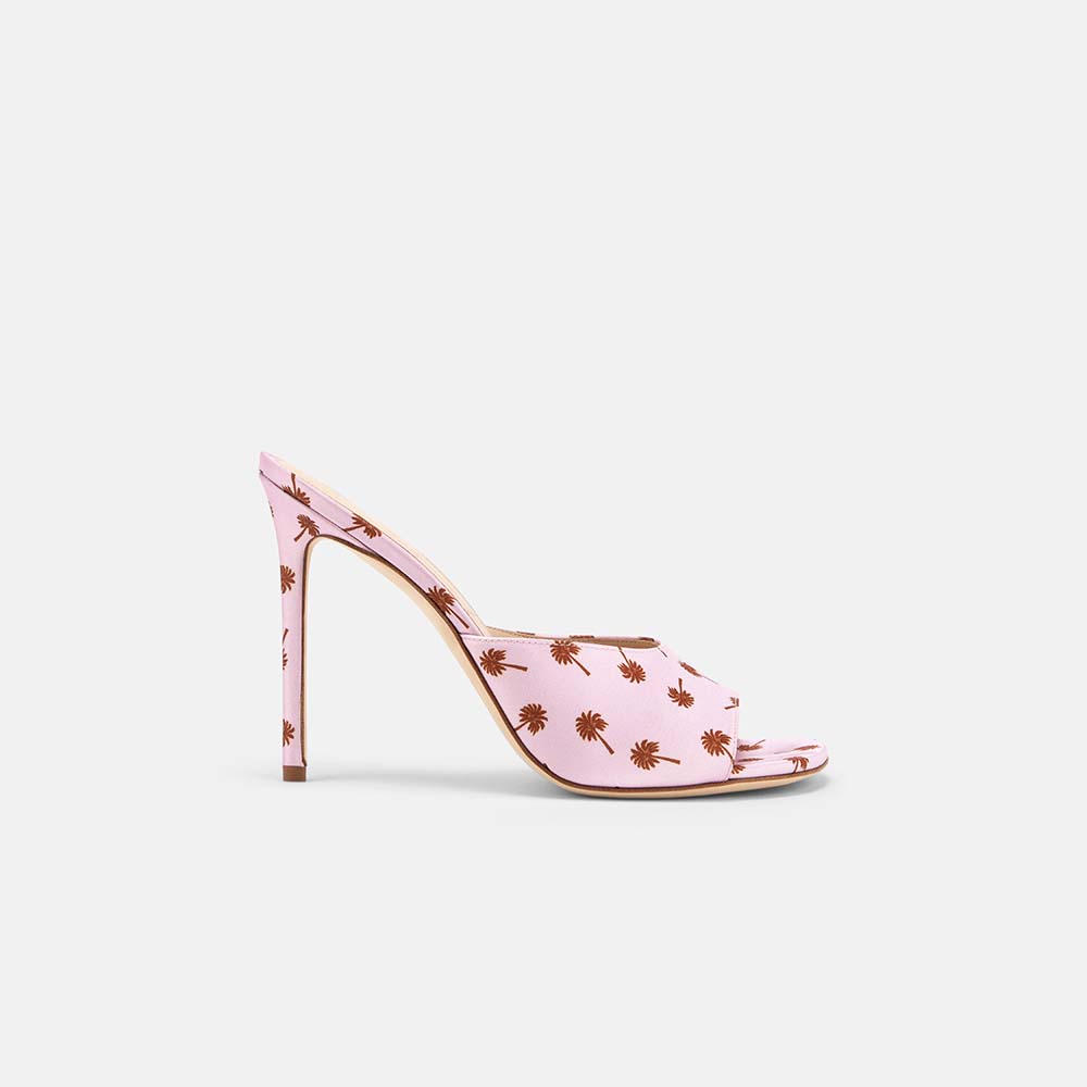 Side view of DUHA Waha Mule candy pink satin palm tree print stiletto mule