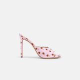 Side view of DUHA Waha Mule candy pink satin palm tree print stiletto mule