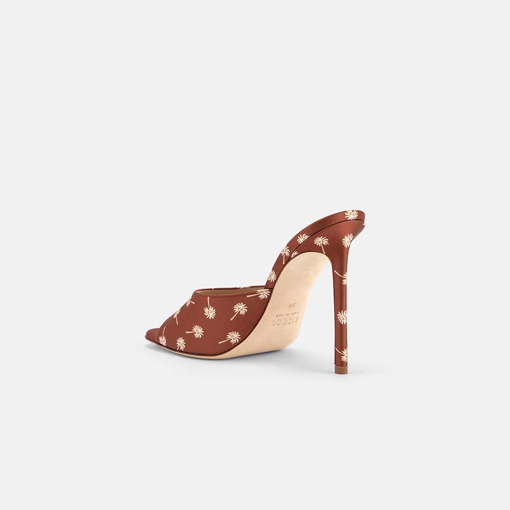 Back view of DUHA Waha Mule caramel satin showing 10.5cm stiletto heel