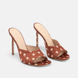 DUHA Waha Mule caramel printed satin pair — SS26 City Oasis collection