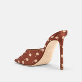 Back view of DUHA Waha Mule caramel satin showing 10.5cm stiletto heel
