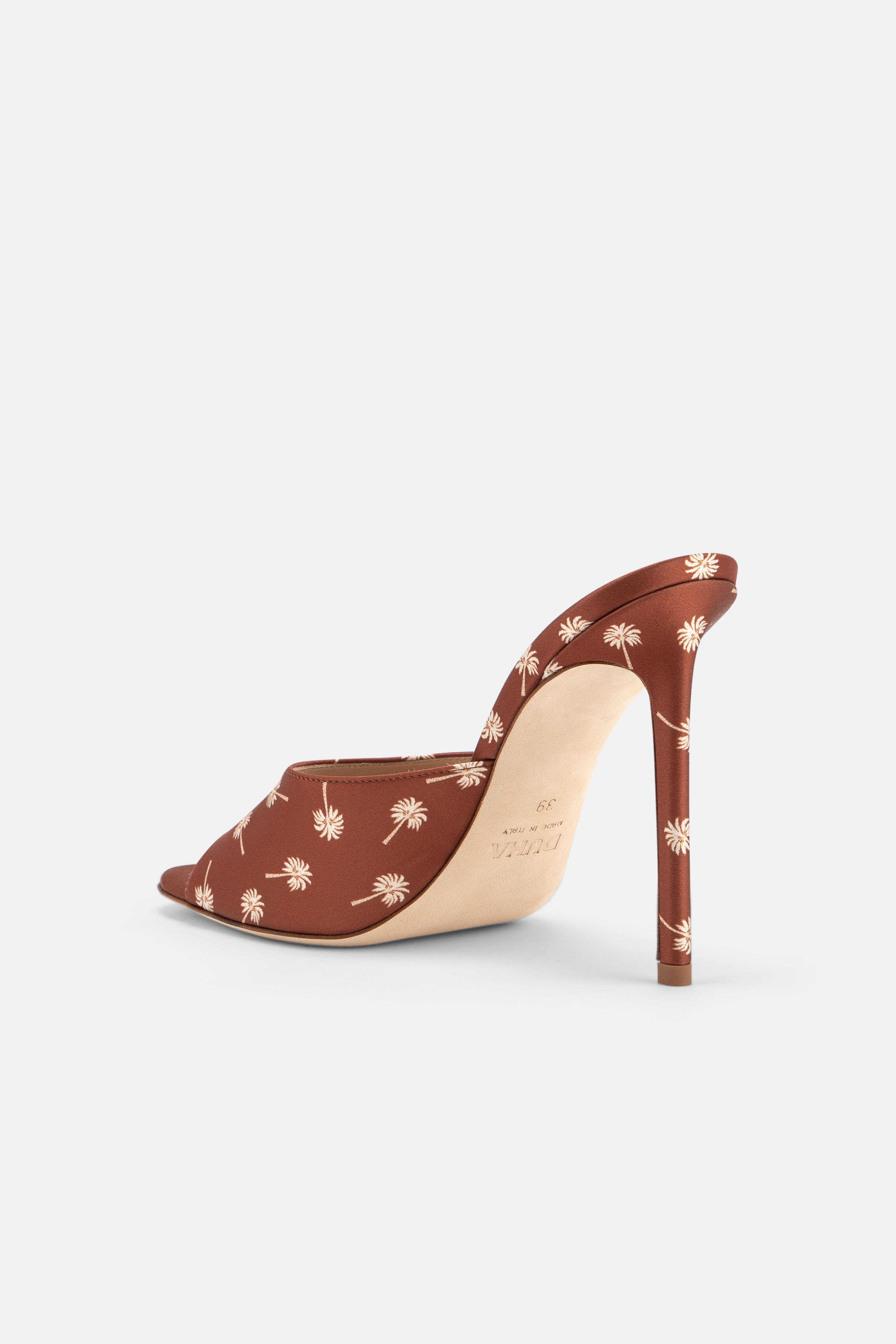 Back view of DUHA Waha Mule caramel satin showing 10.5cm stiletto heel