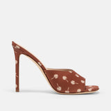 Side view of DUHA Waha Mule caramel satin palm tree print stiletto mule