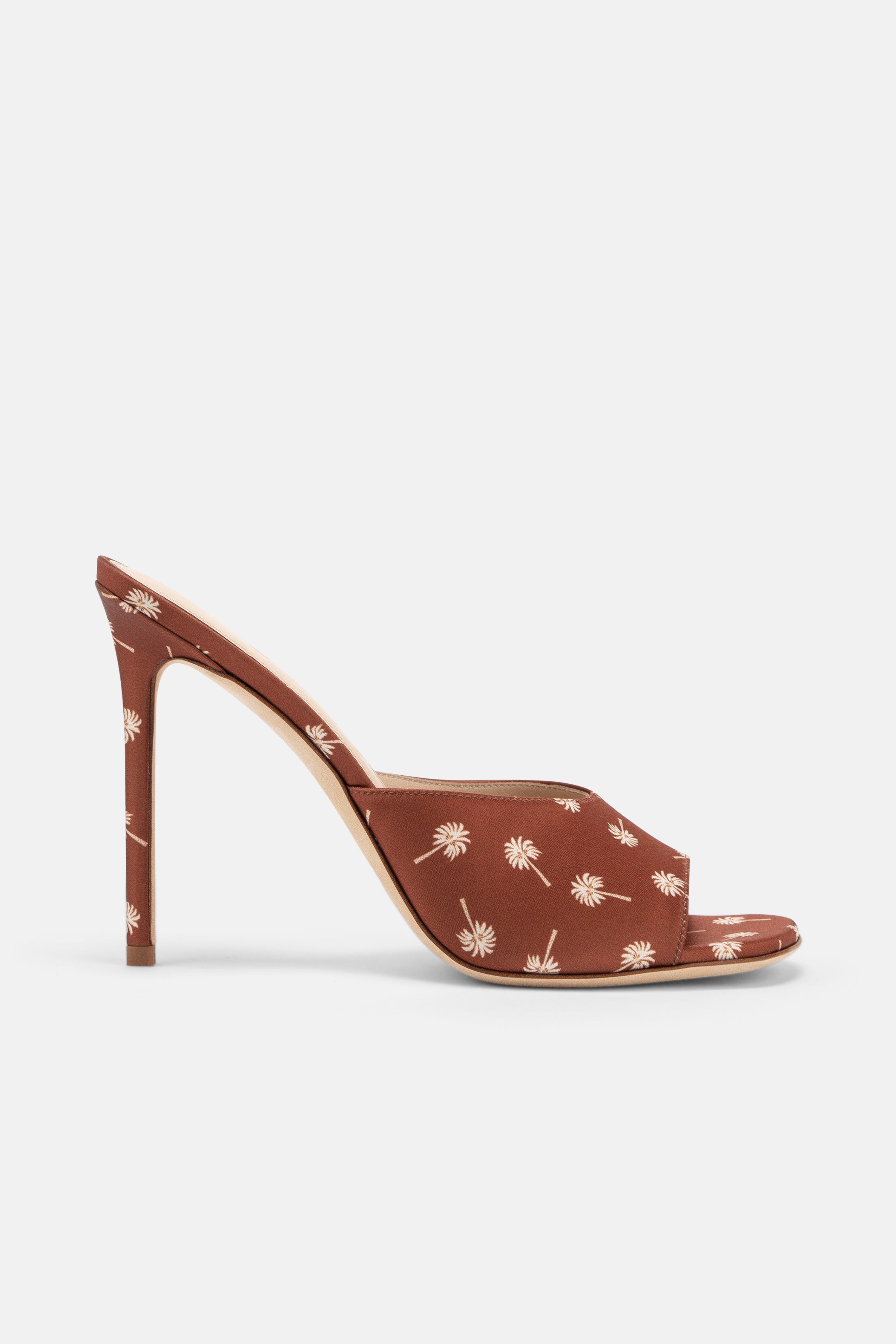 Side view of DUHA Waha Mule caramel satin palm tree print stiletto mule