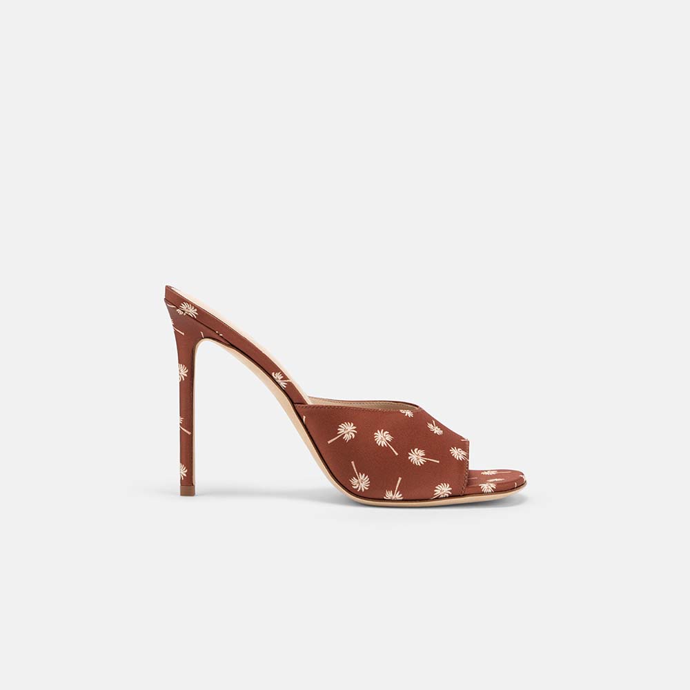 Side view of DUHA Waha Mule caramel satin palm tree print stiletto mule