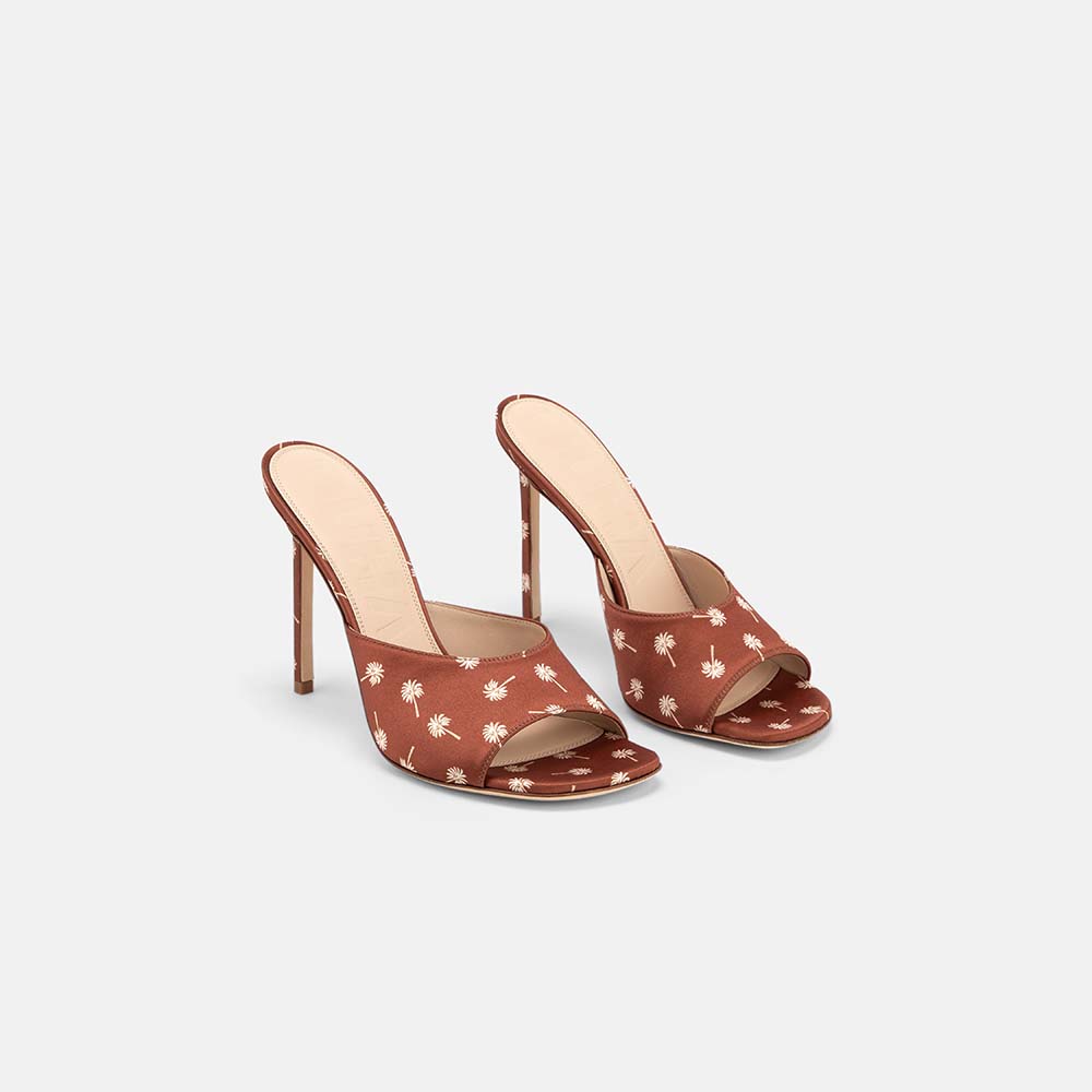 DUHA Waha Mule caramel printed satin pair — SS26 City Oasis collection