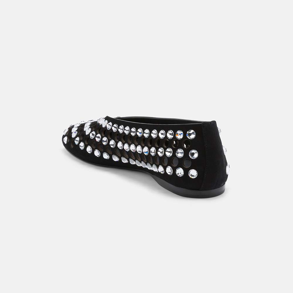 Close-up of mixed-cut crystal embellishment and circular 
cutouts on DUHA Yasmin black flat