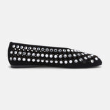 Side view of DUHA Yasmin black suede crystal flat — Italian embellished occasion shoe