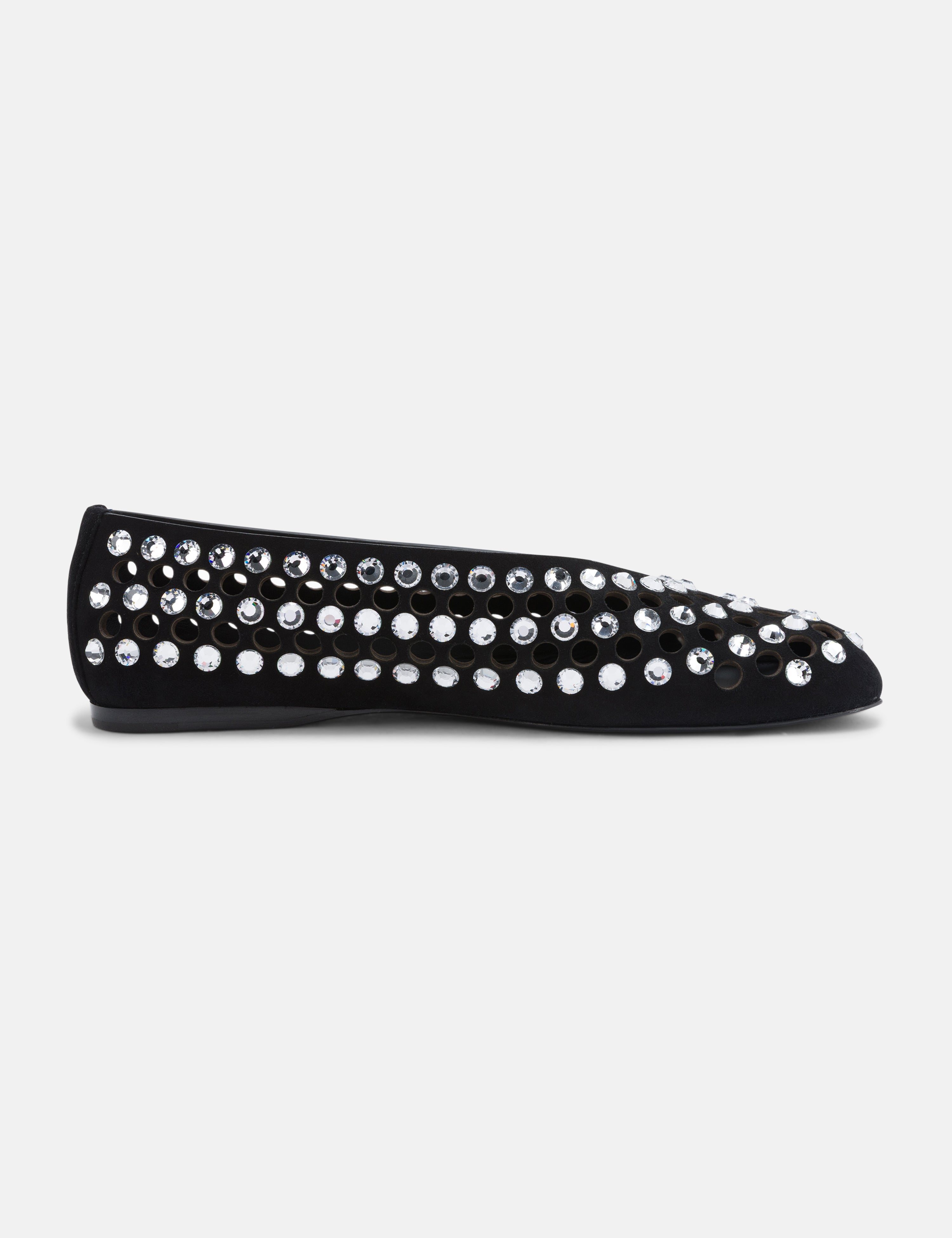 Side view of DUHA Yasmin black suede crystal flat — Italian embellished occasion shoe