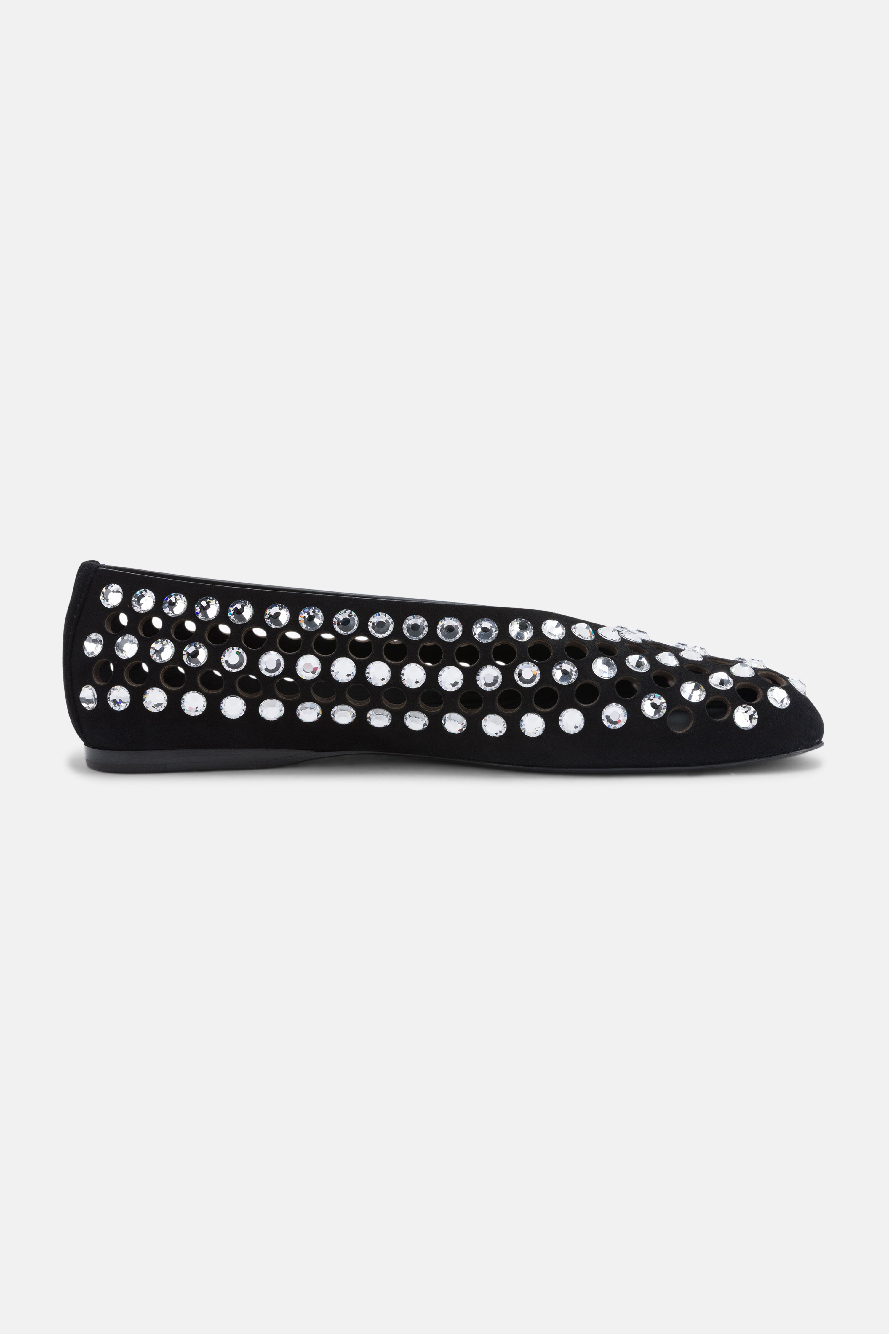 Side view of DUHA Yasmin black suede crystal flat — Italian embellished occasion shoe