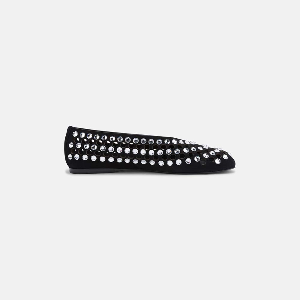 Side view of DUHA Yasmin black suede crystal flat — Italian embellished occasion shoe