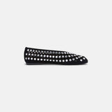Side view of DUHA Yasmin black suede crystal flat — Italian embellished occasion shoe
