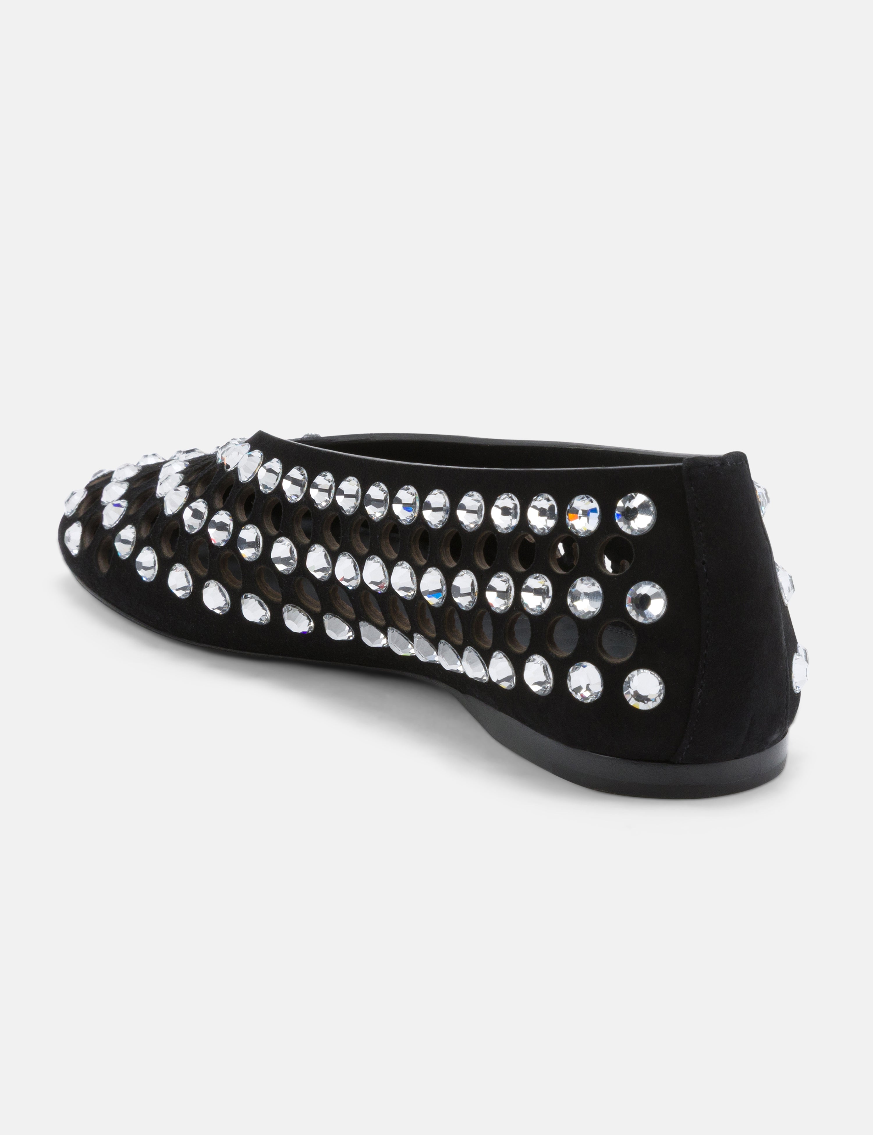 Close-up of mixed-cut crystal embellishment and circular 
cutouts on DUHA Yasmin black flat